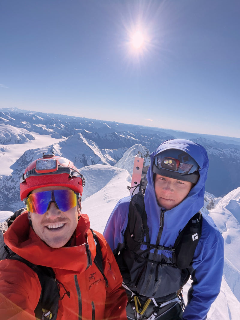 Braden and Tarn together high on Mt Aspiring in clear weather