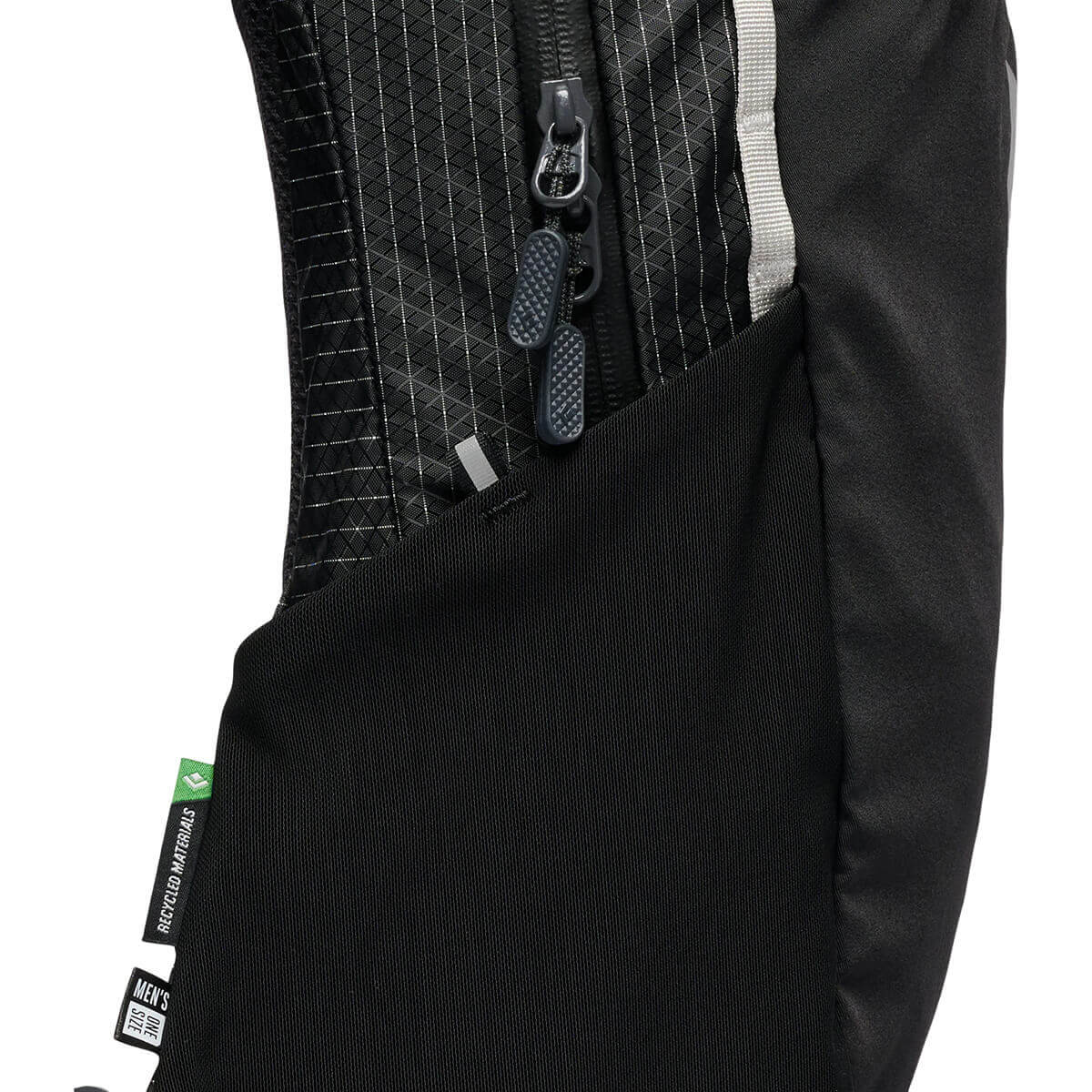 Black, side pocket and zip pull detail