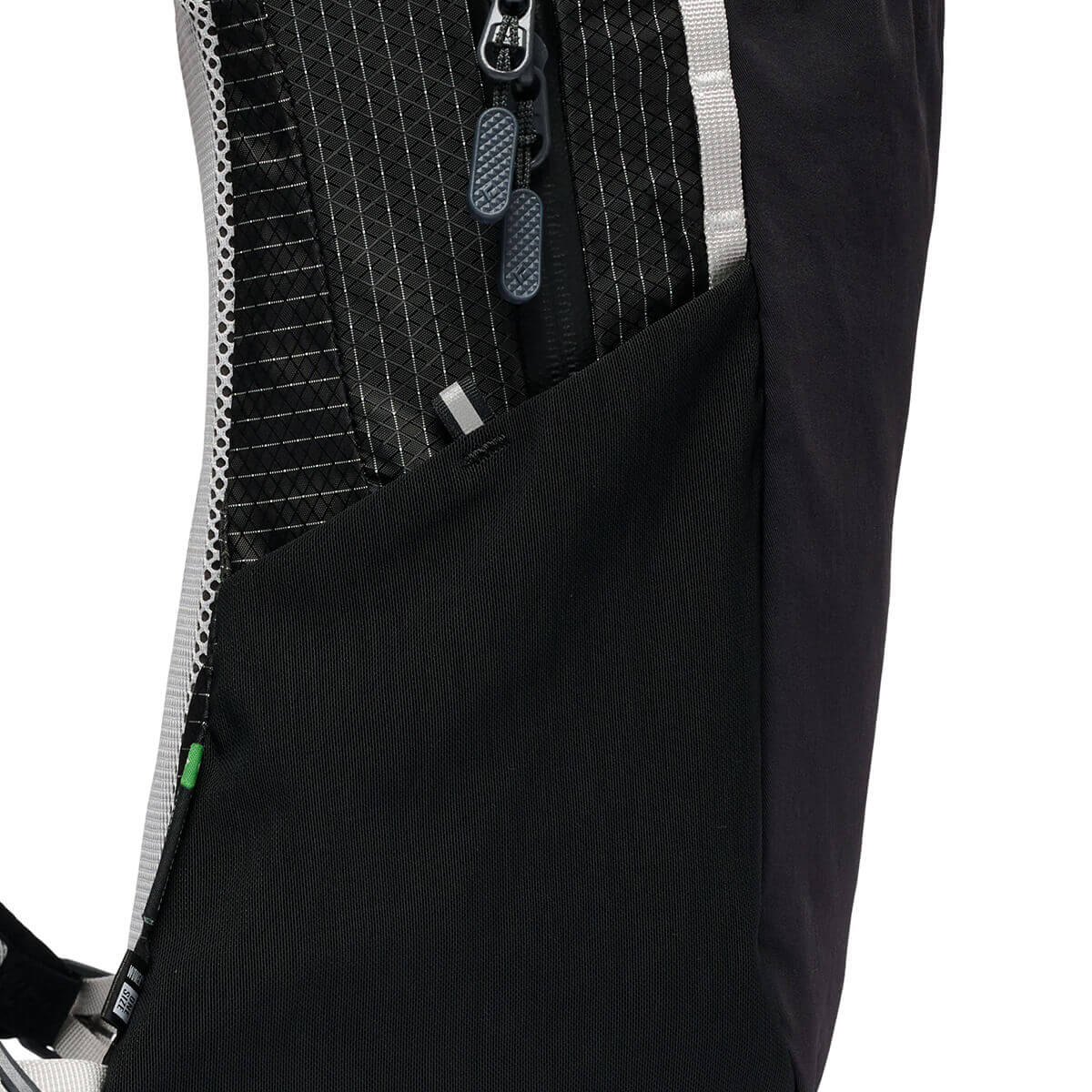 Black, side pocket and zip pull detail