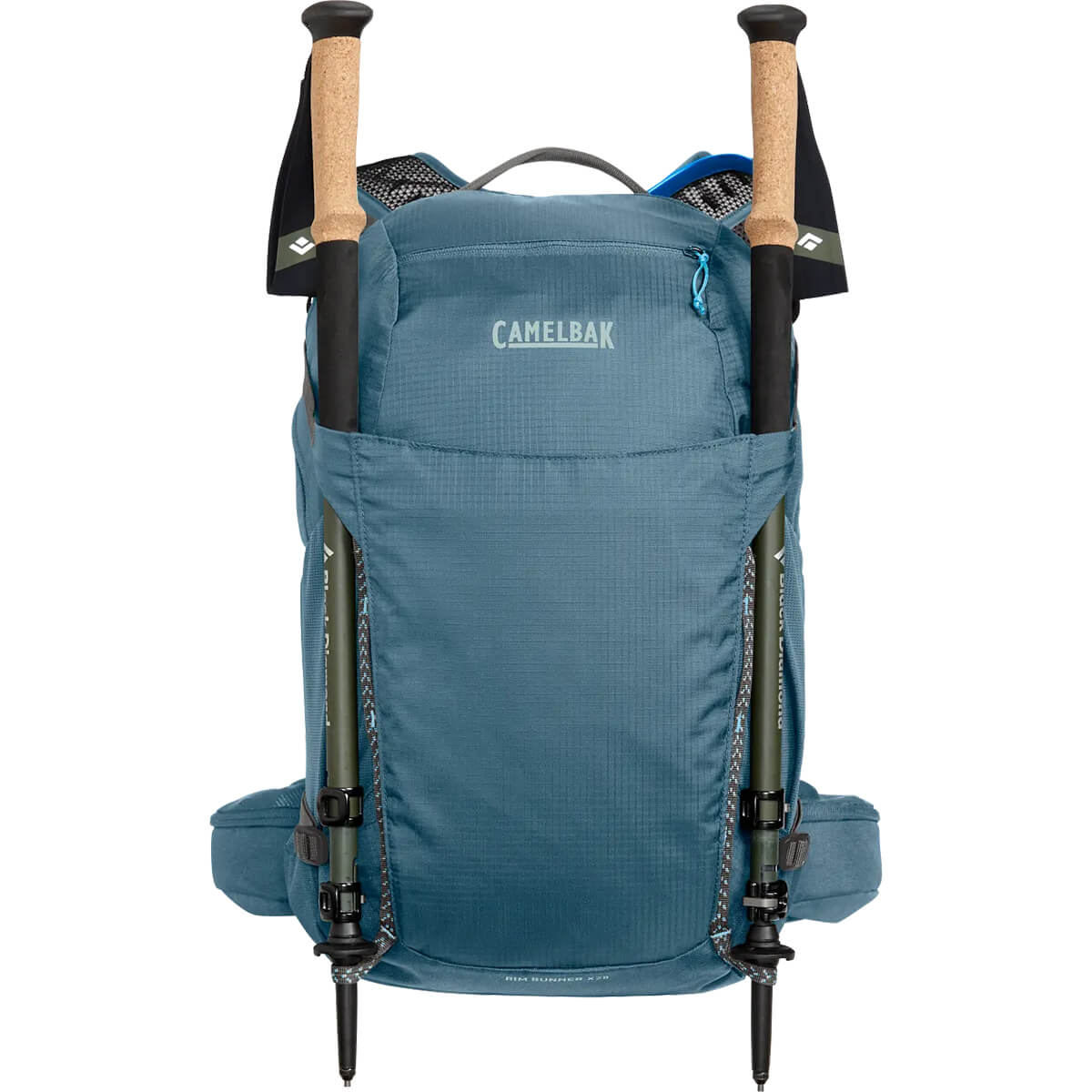 Crystal Blue, front view with trekking poles stowed
