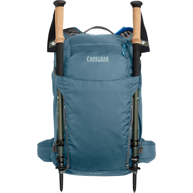 Crystal Blue, front view with trekking poles stowed
