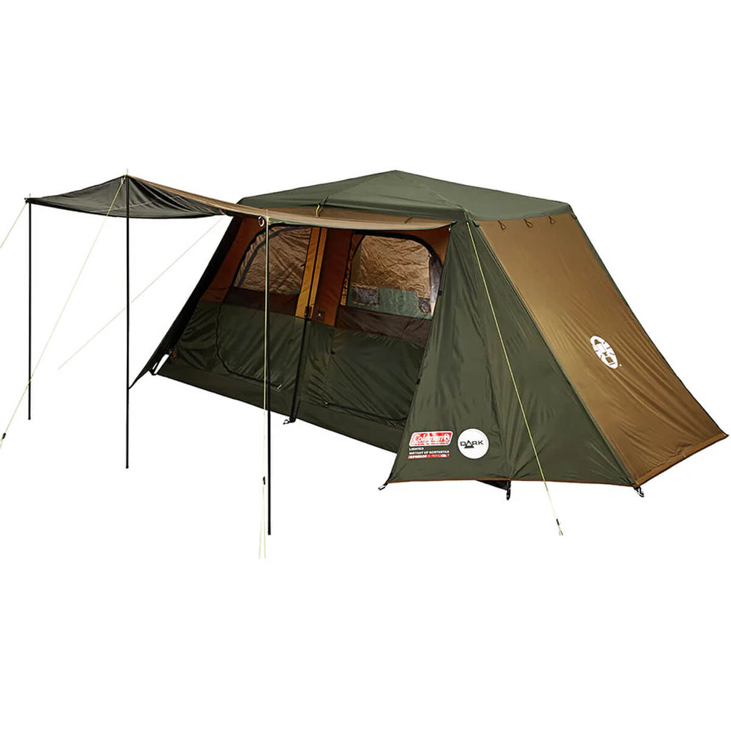 3/4 view of the tent set up with fly door used as awning