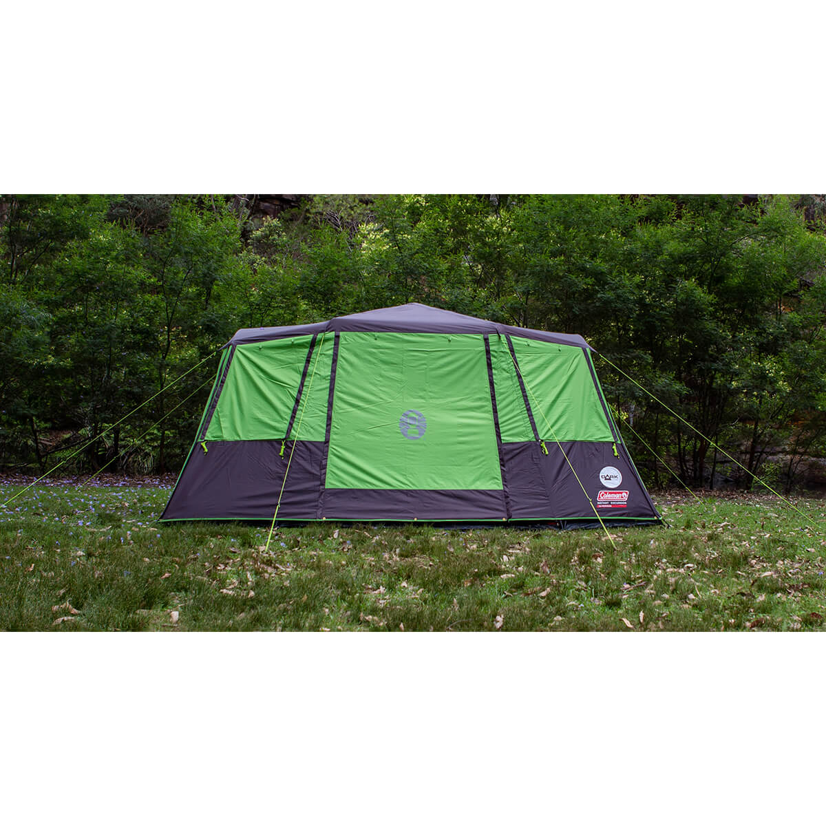 Front view of tent pitched in the outdoors, fly closed