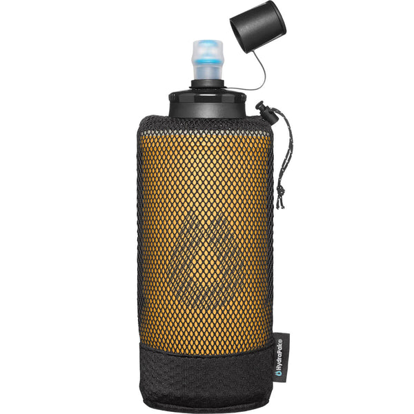 Golden Yellow, with dust cover open, in stretch mesh pouch front view
