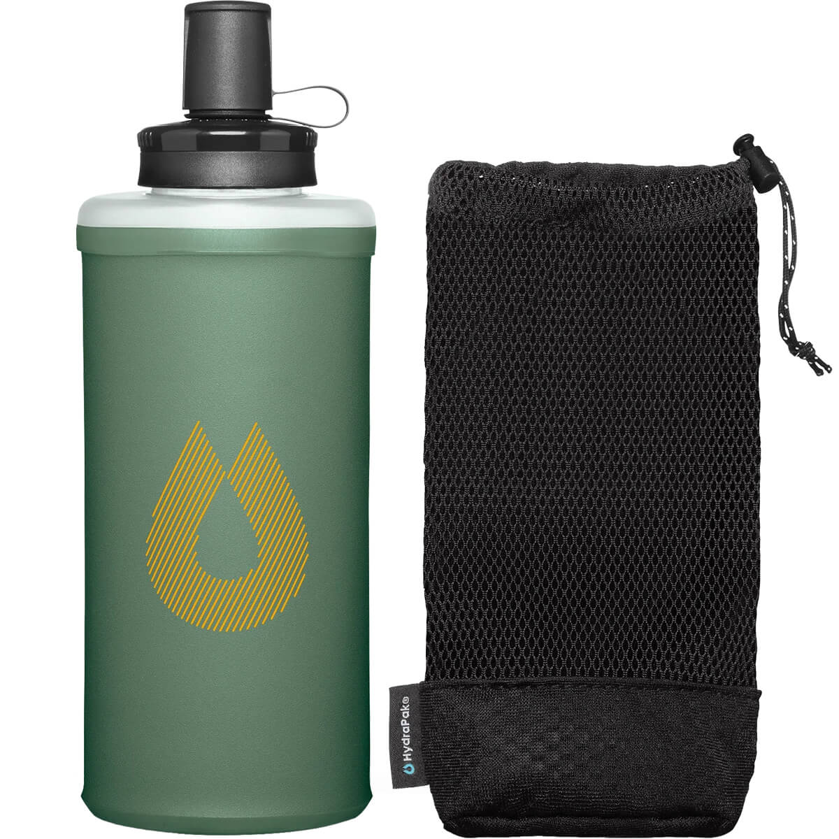 Sage Green, bottle beside stretch mesh pouch