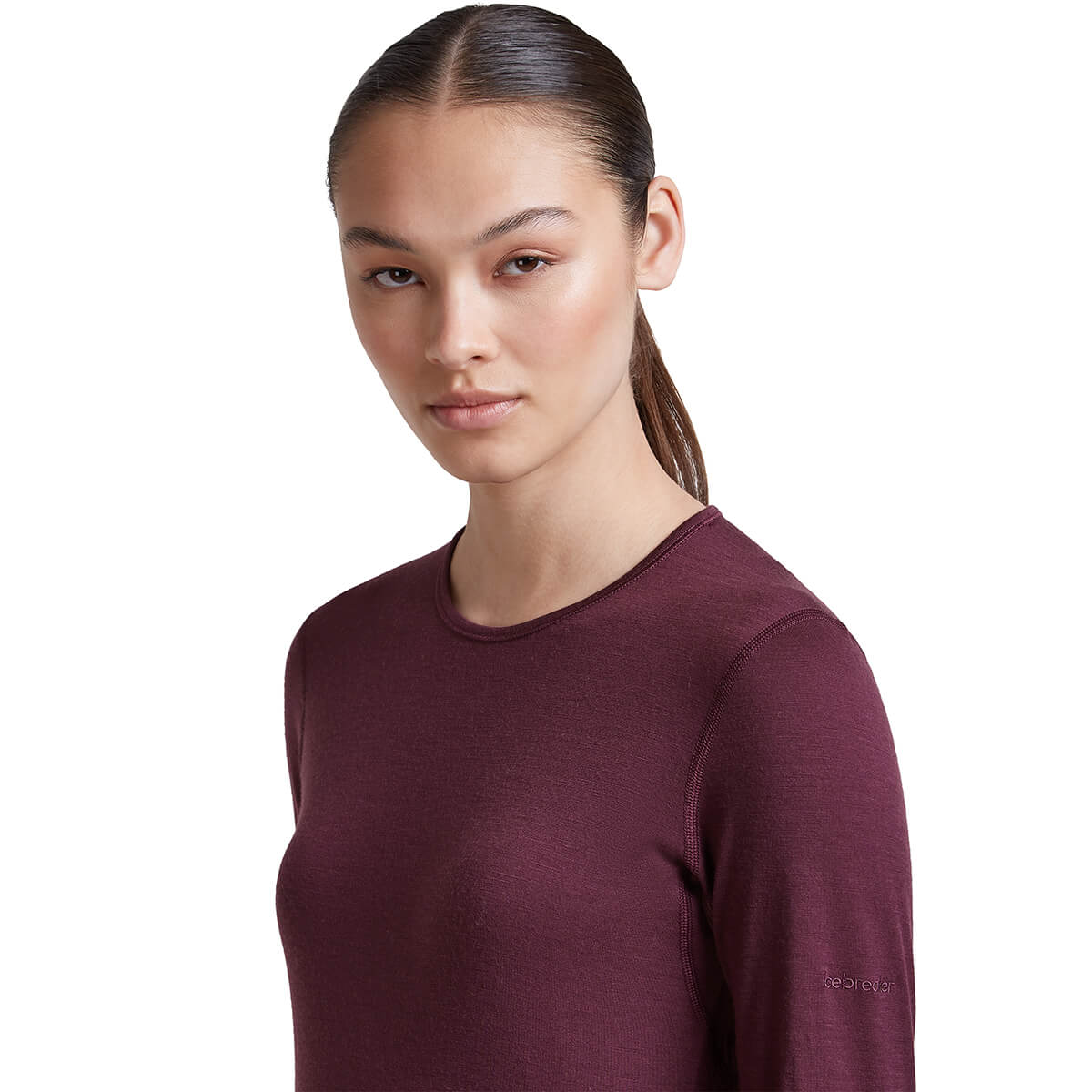 Dark Berry, 3/4 detail showing neckline and logo on left sleeve
