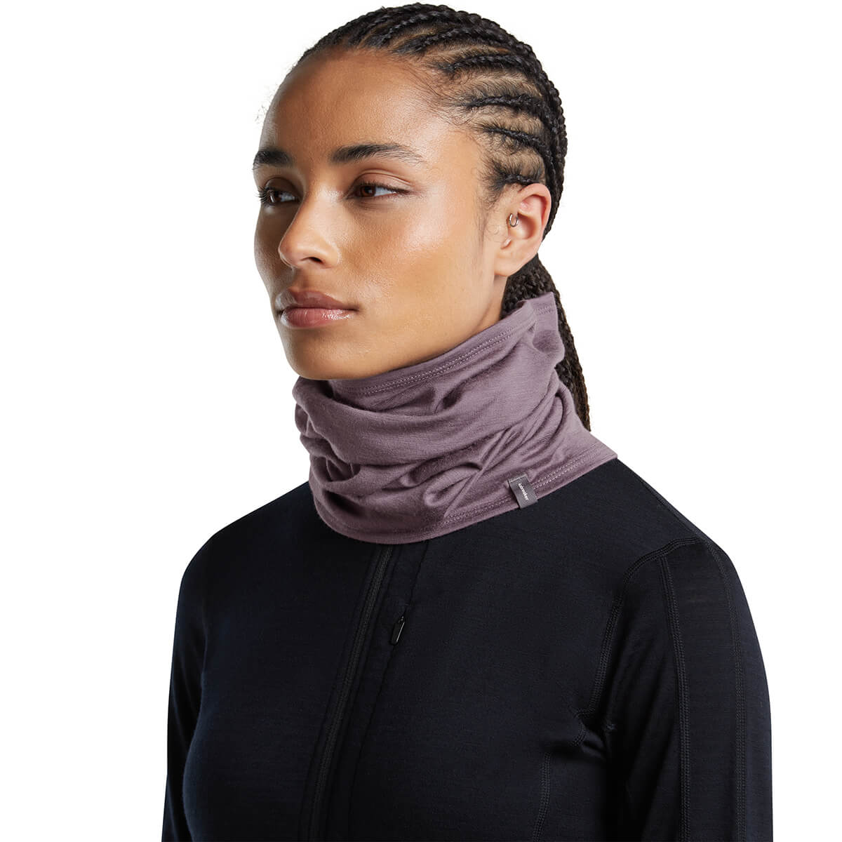 Grey Plum, worn by female model, 3/4 front view