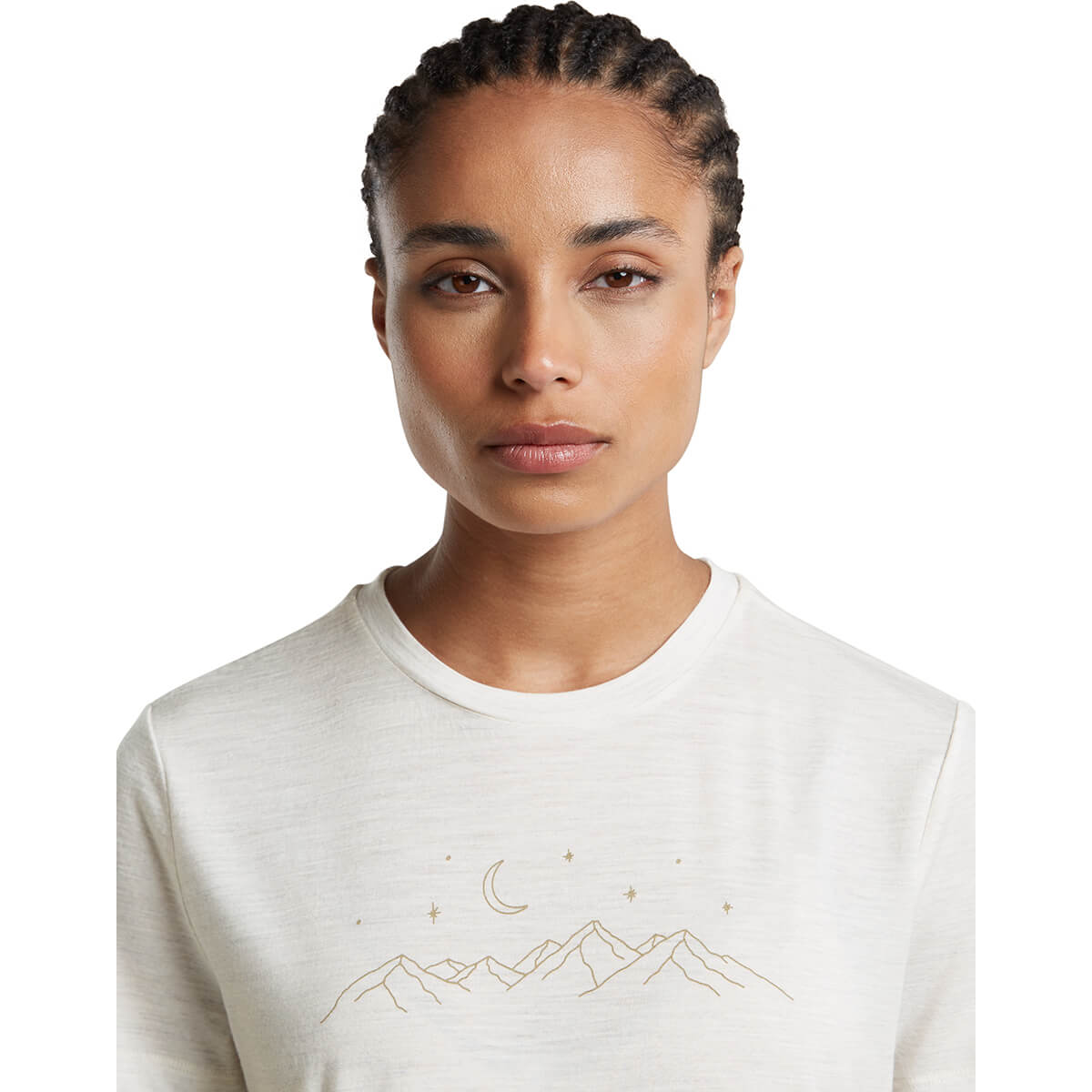 Ecru Heather, graphic and neckline detail