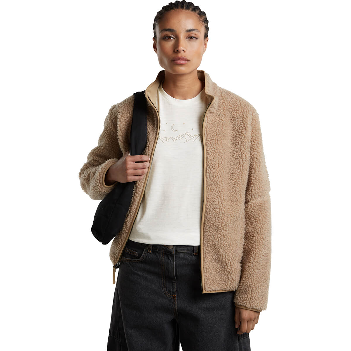 Ecru Heather, worn under high-pile jacket worn open