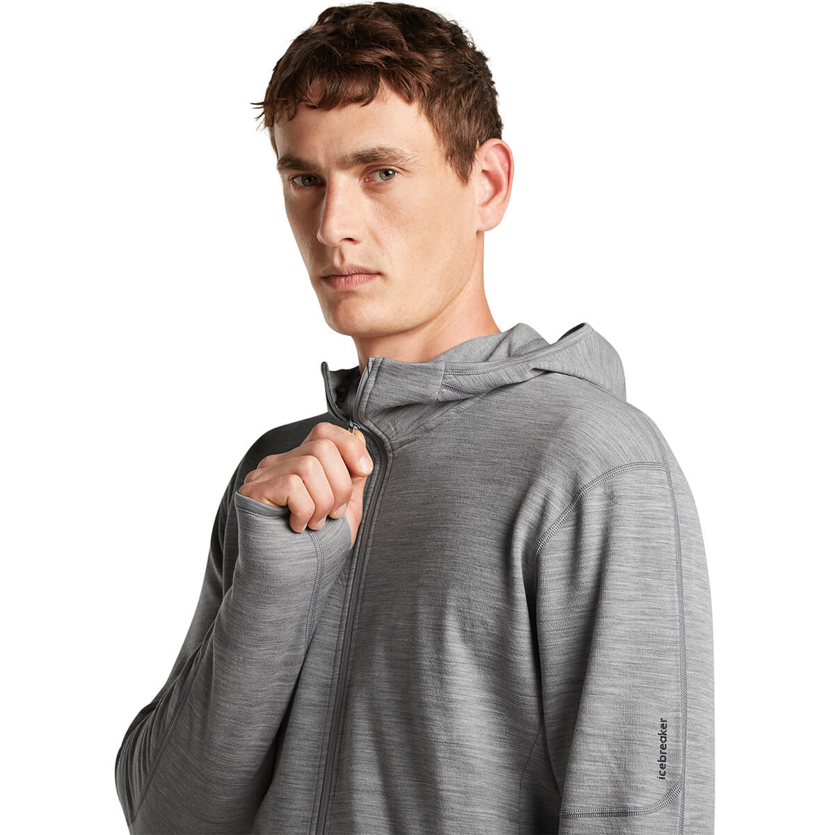 Metro Heather 3/4 view of chest, closing zip up