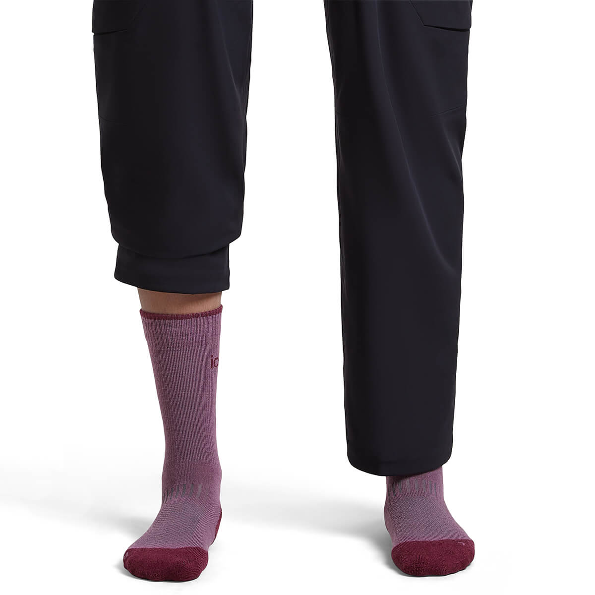 Grey Plum/Dk Berry on model, front view, one trouser leg up, one down