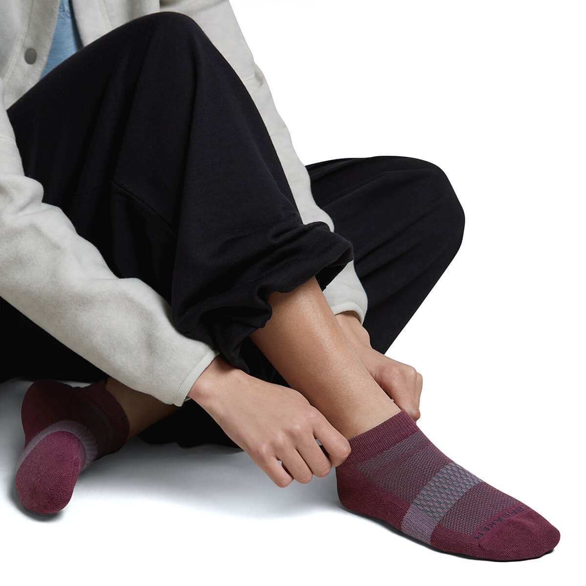 Dk Berry/Midnight Navy/Grey Plum being put on by model