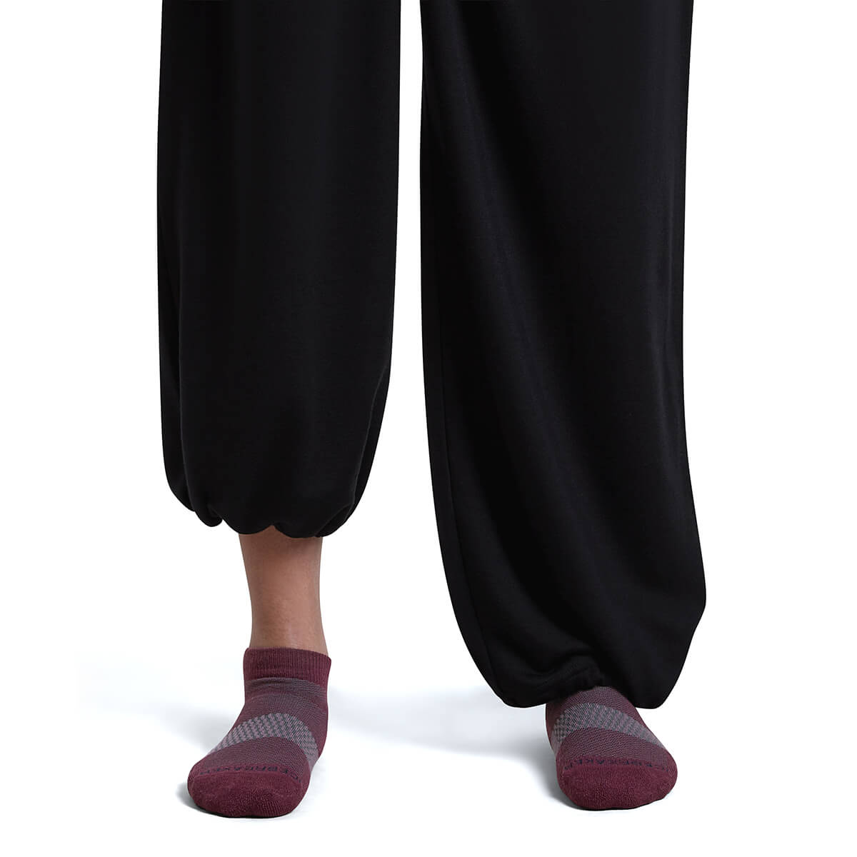 Dk Berry/Midnight Navy/Grey Plum on model, front view, one trouser leg up, one down