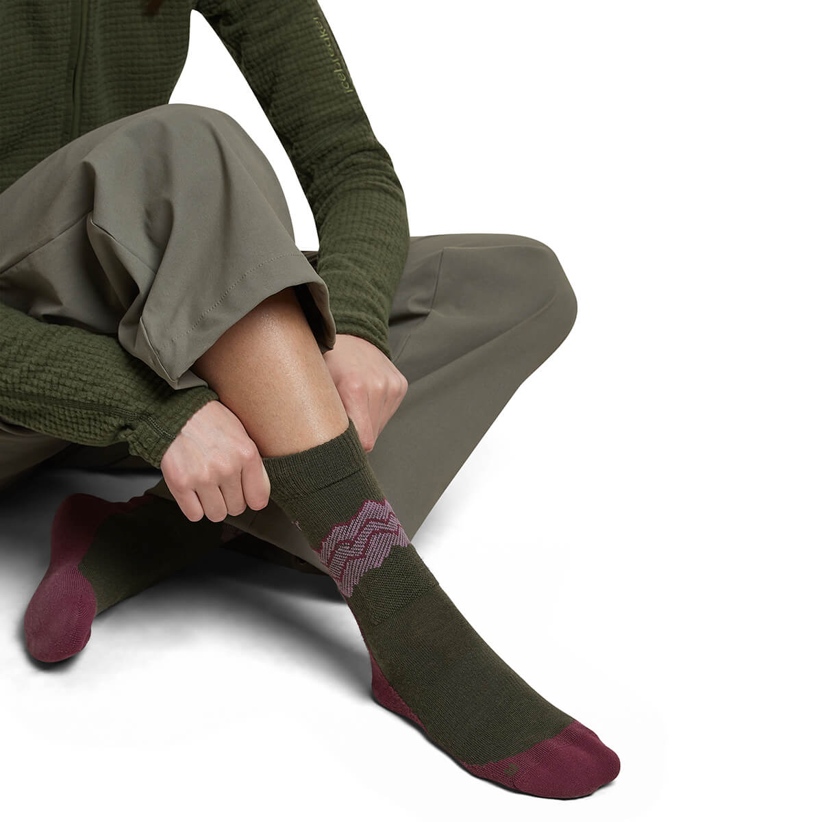 Dk Loden/Dk Berry/Grey Plum being put on by model