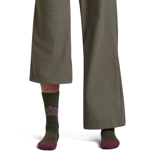 Dk Loden/Dk Berry/Grey Plum on model, front view, one trouser leg up, one down