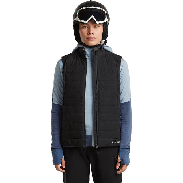 Dawn/Zinc Blue, worn under vest, hood down, helmet on