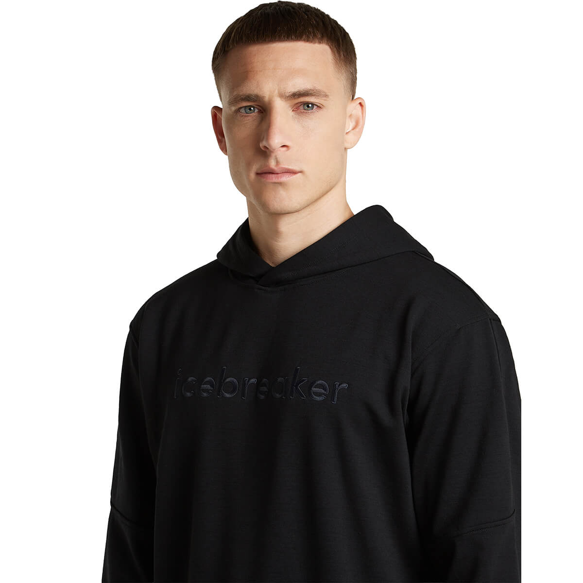 Black, hood down, chest detail, 3/4 view