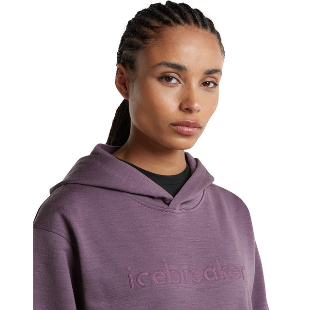 Grey Plum, hood down, chest detail, 3/4 front view