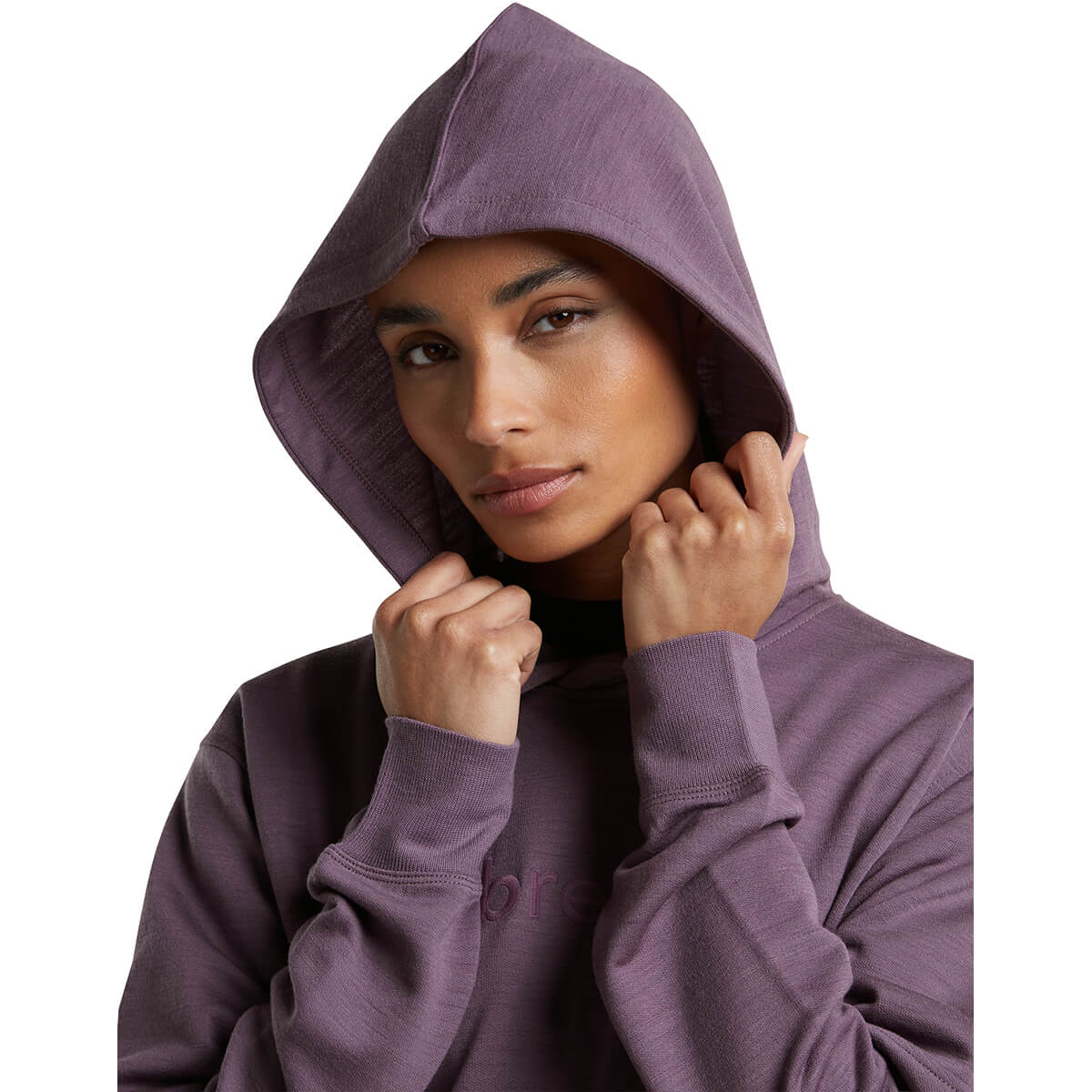 Grey Plum, hood up detail, mostly front view