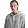 Metro Heather, hood down, chest detail, 3/4 front view