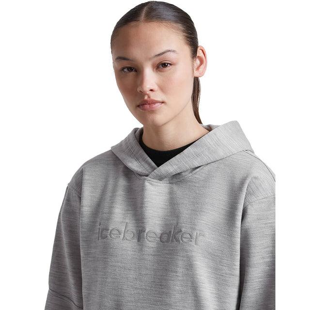 Metro Heather, hood down, chest detail, 3/4 front view