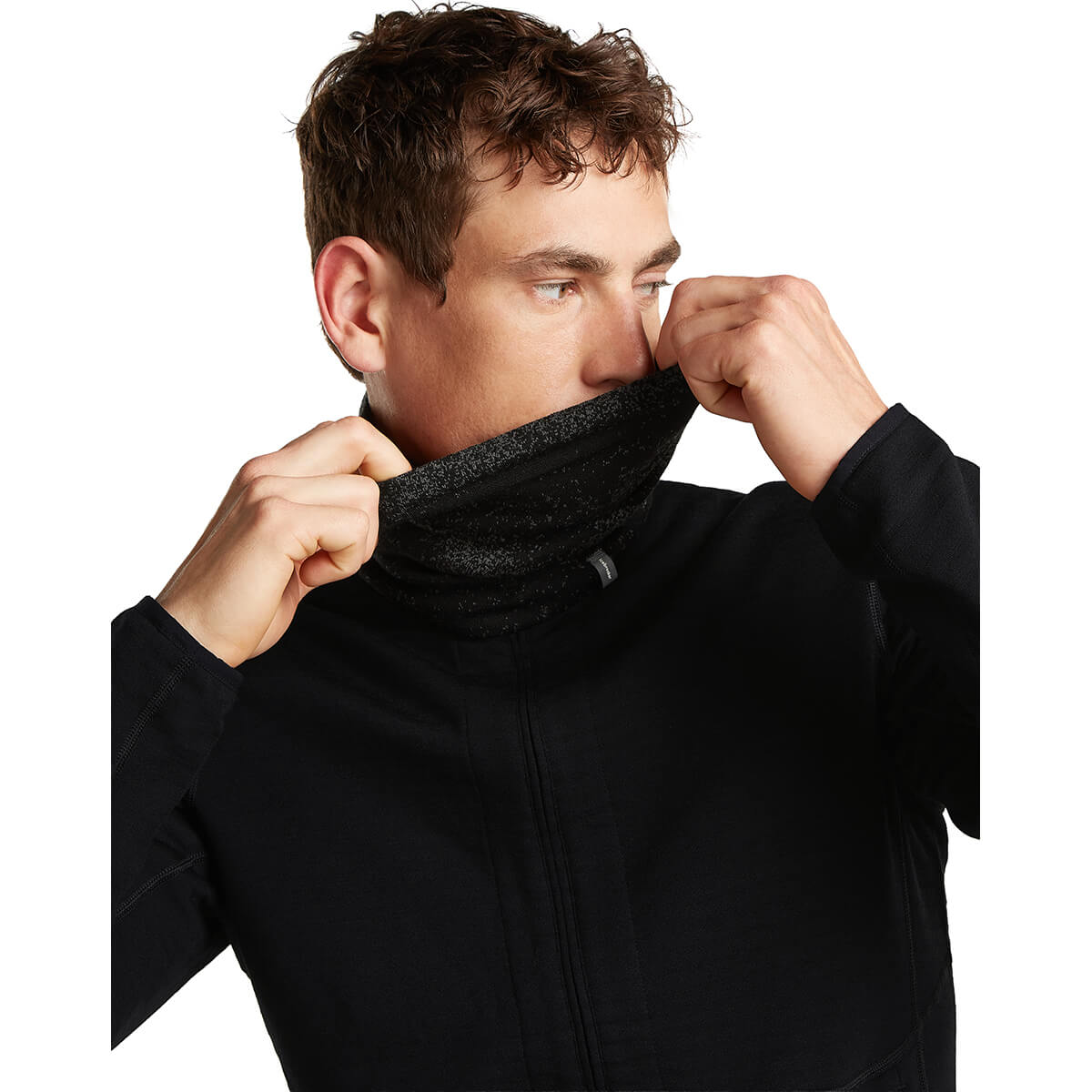 Black/Obsidian, male model pulling the Chute over nose