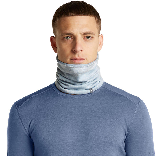 Snow/Zinc Blue, on male model, pulled up over chin, front view