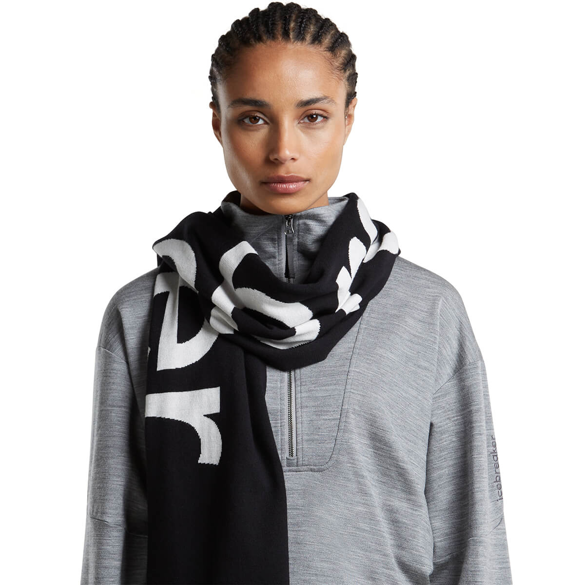 Black/Ecru Heather worn by female model, one end slung over shoulder