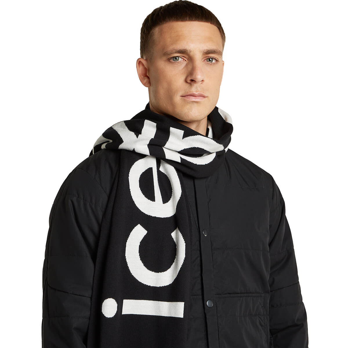 Black/Ecru Heather worn by male model, one end slung over shoulder