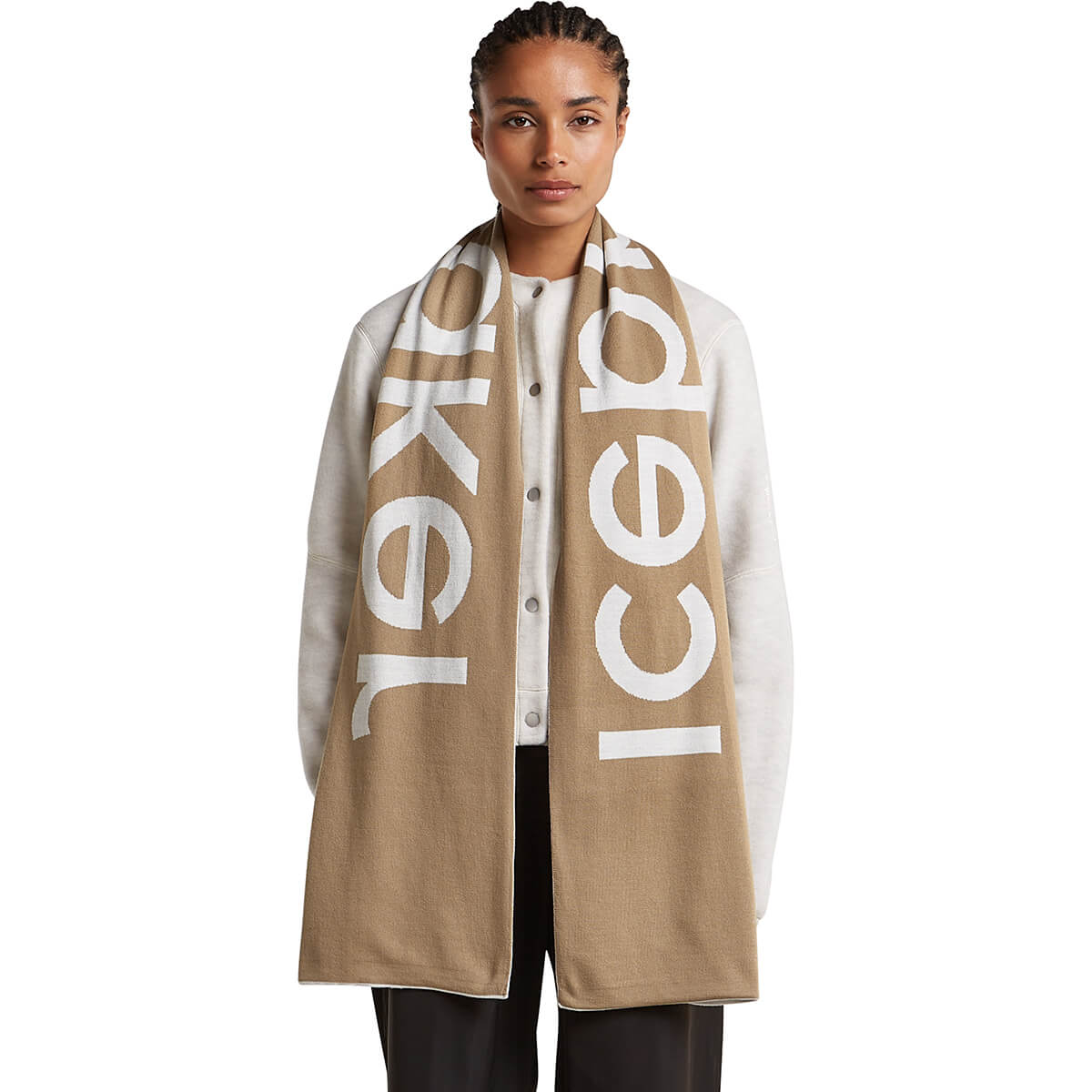 Ecru Heather/Cumin worn by female model, Cumin side out
