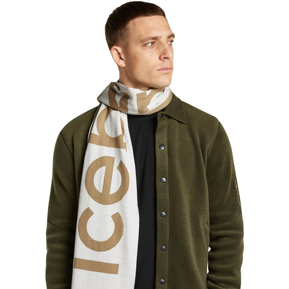 Ecru Heather/Cumin worn by male model, one end slung over shoulder