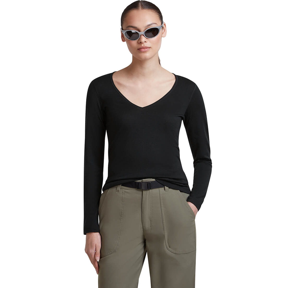 Black worn with front hem tucked into trousers