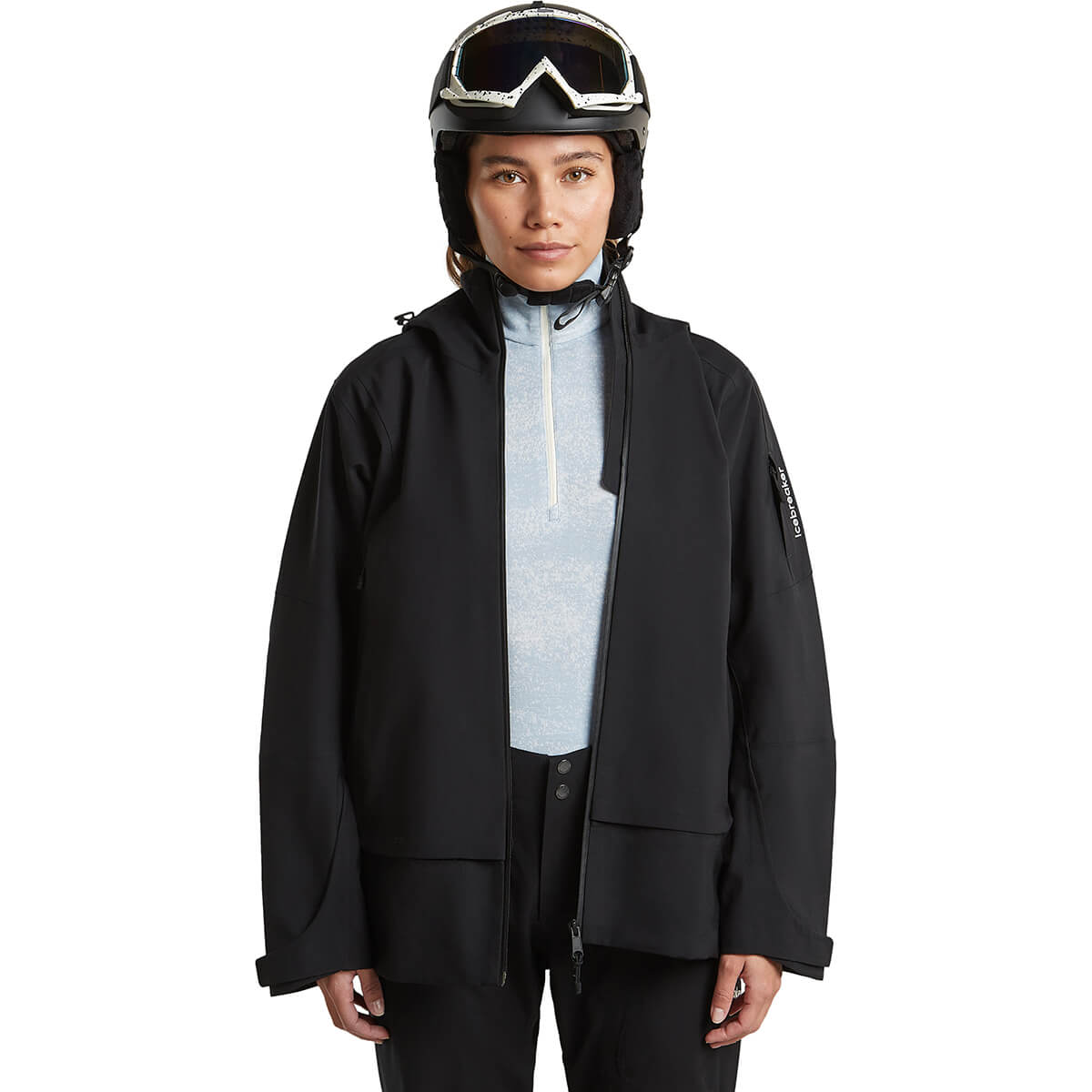 Snow/Zinc Blue worn under shell jacket, helmet on