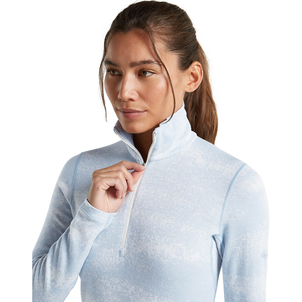 Snow/Zinc Blue opening the zip detail, 3/4 front view