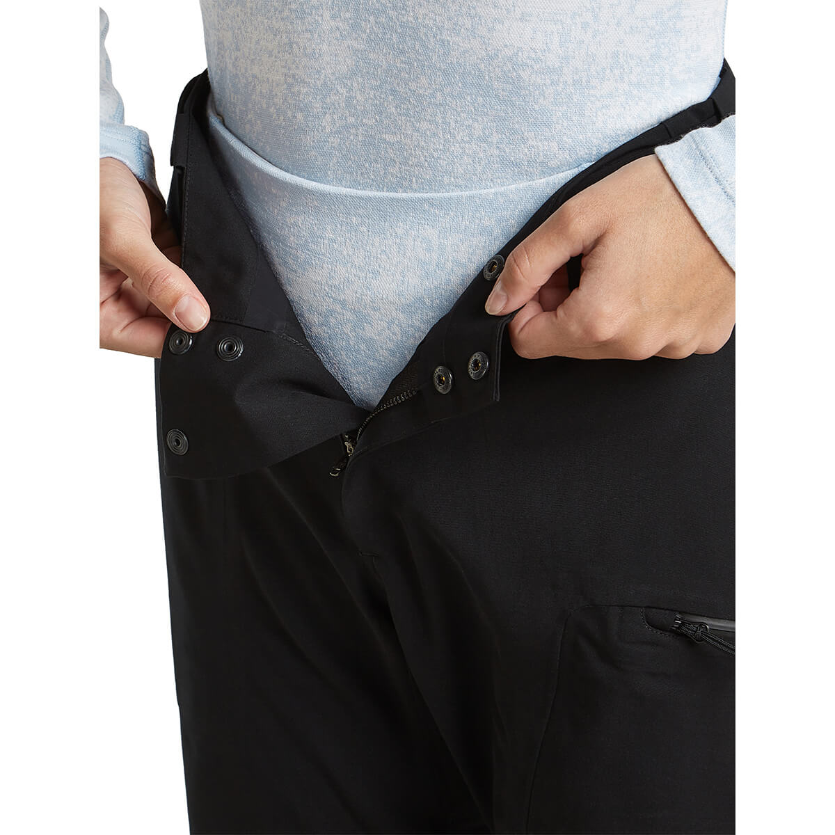 Snow/Zinc Blue waist detail worn under trousers, fly open