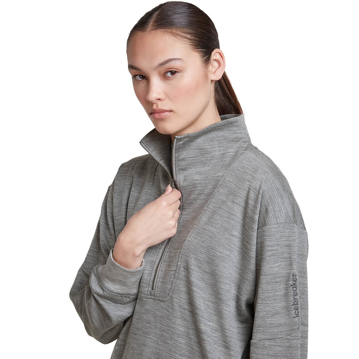 Metro Heather, 3/4 detail, opening zip and logo on left sleeve