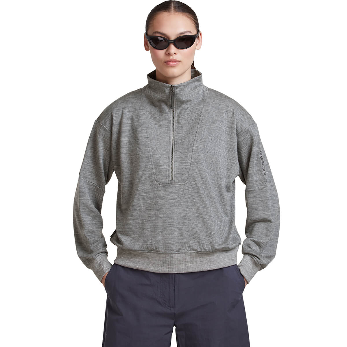 Metro Heather, on model in more relaxed pose, hands in trouser pockets