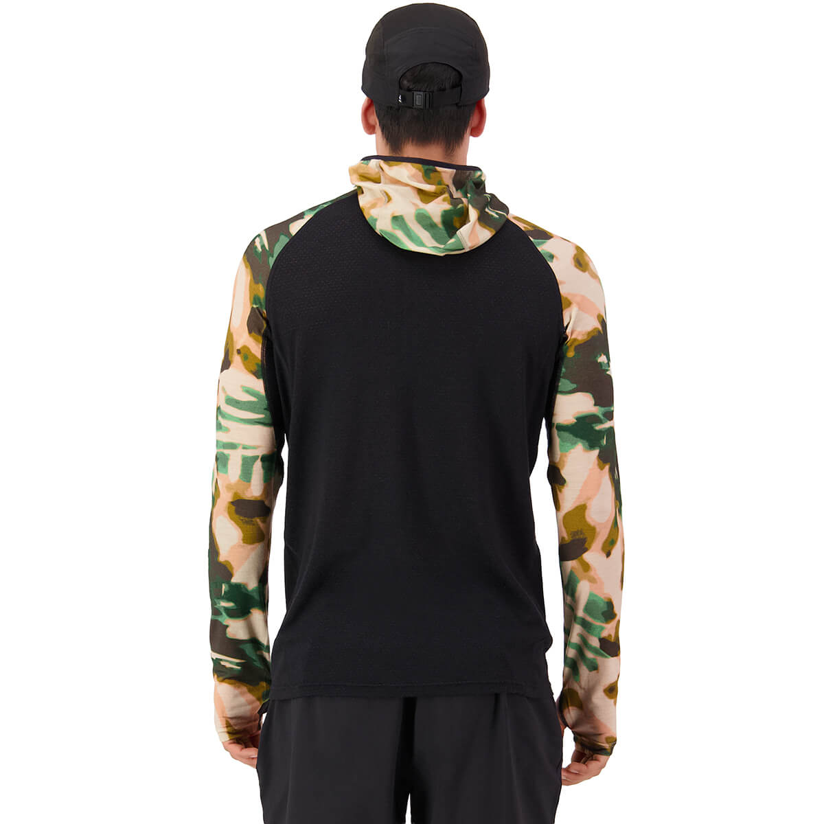 Bush Camo/Black back, on model, hood down