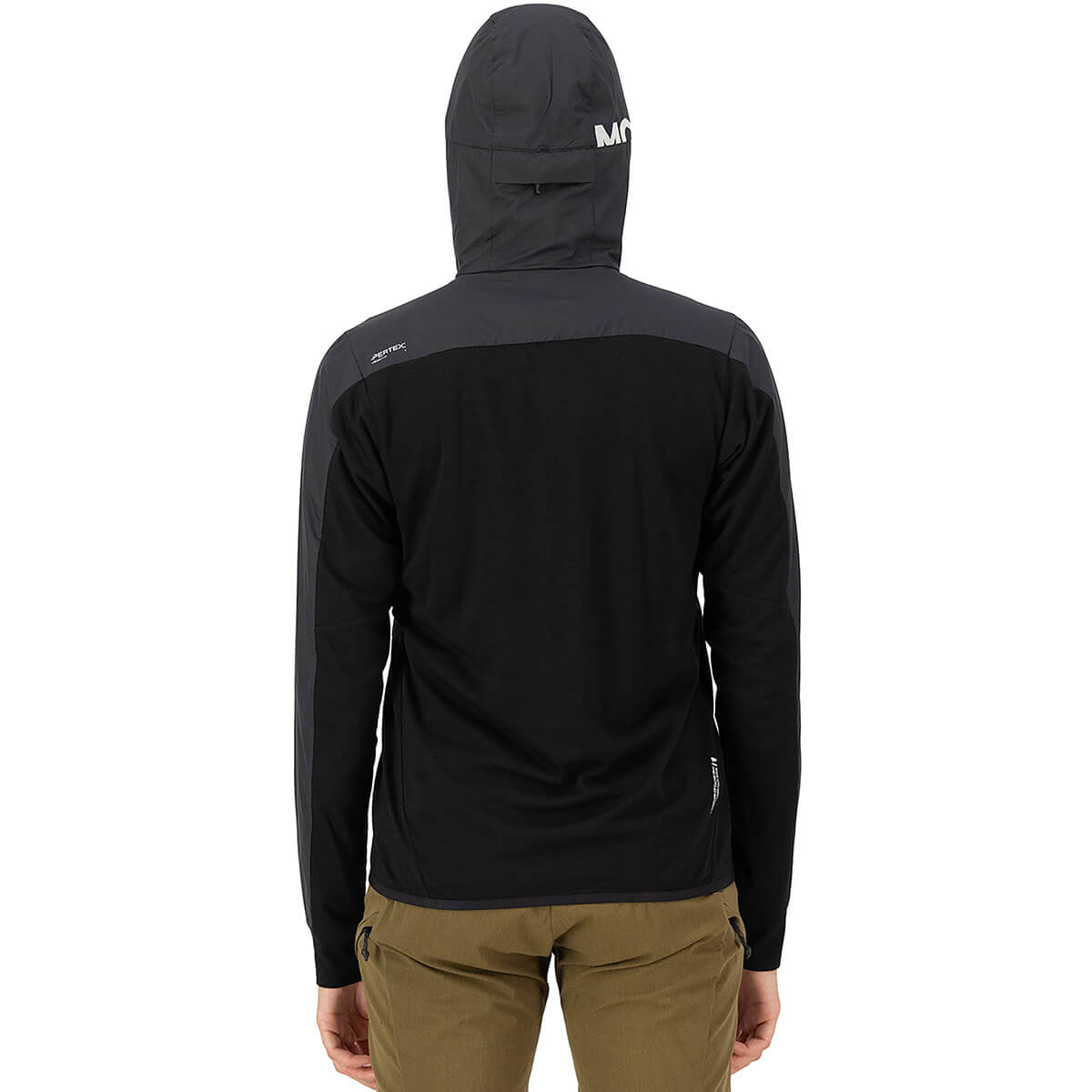 Black back, on model, hood up