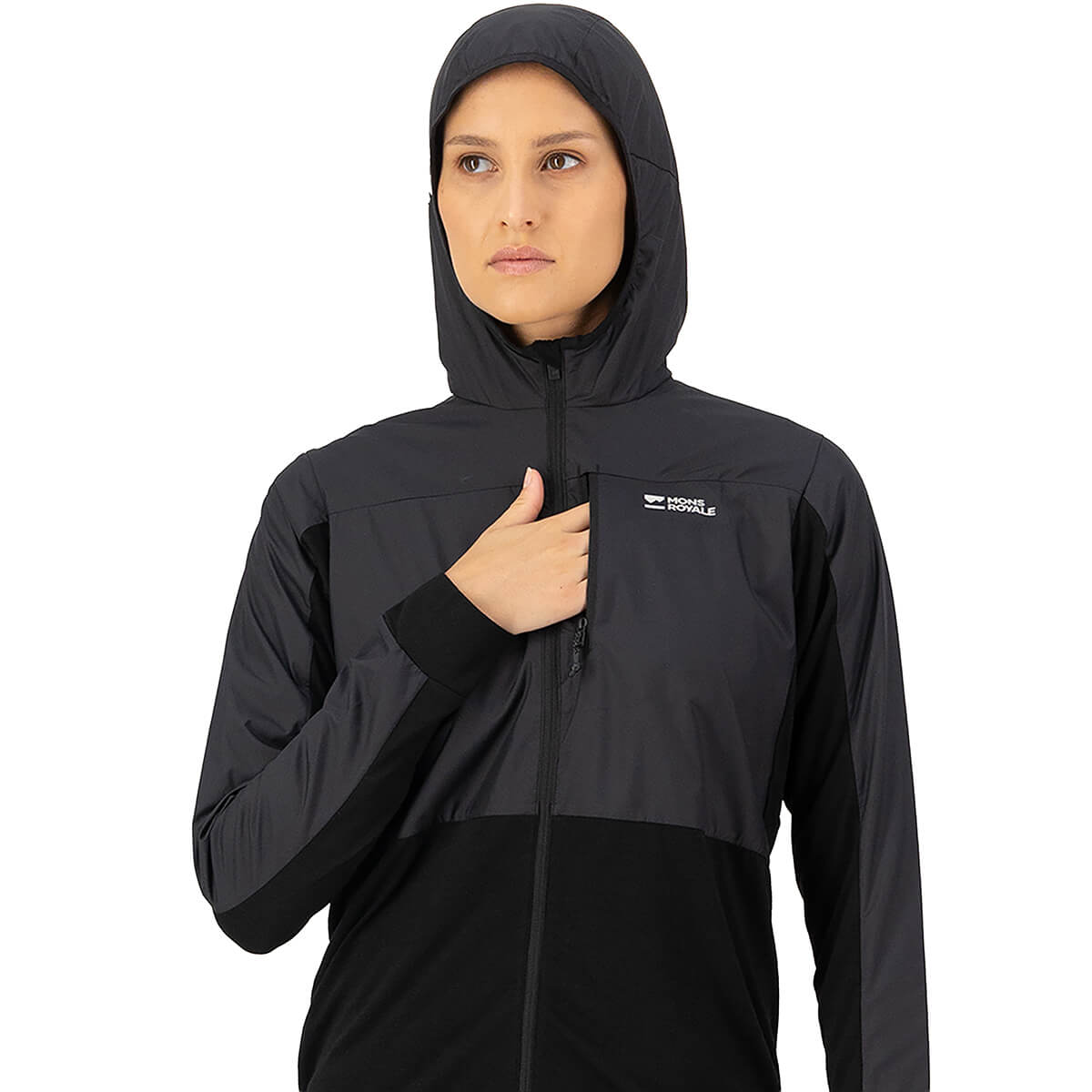 Black, chest pocket, hood up
