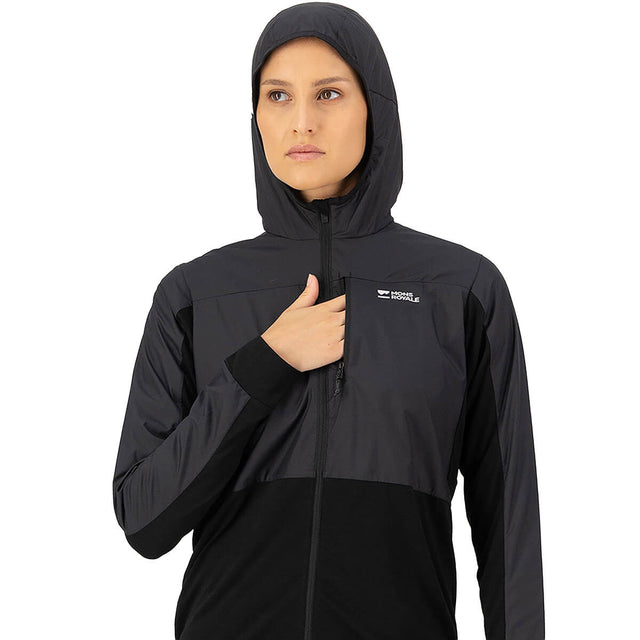 Black, chest pocket, hood up
