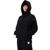 Black worn by female model, 3/4 view, hood up
