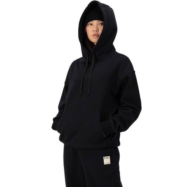 Black worn by female model, 3/4 view, hood up