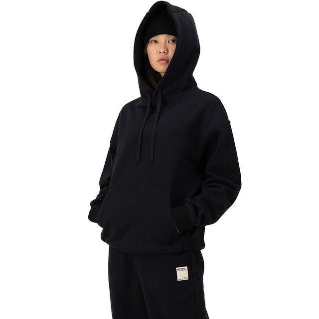 Black worn by female model, 3/4 view, hood up