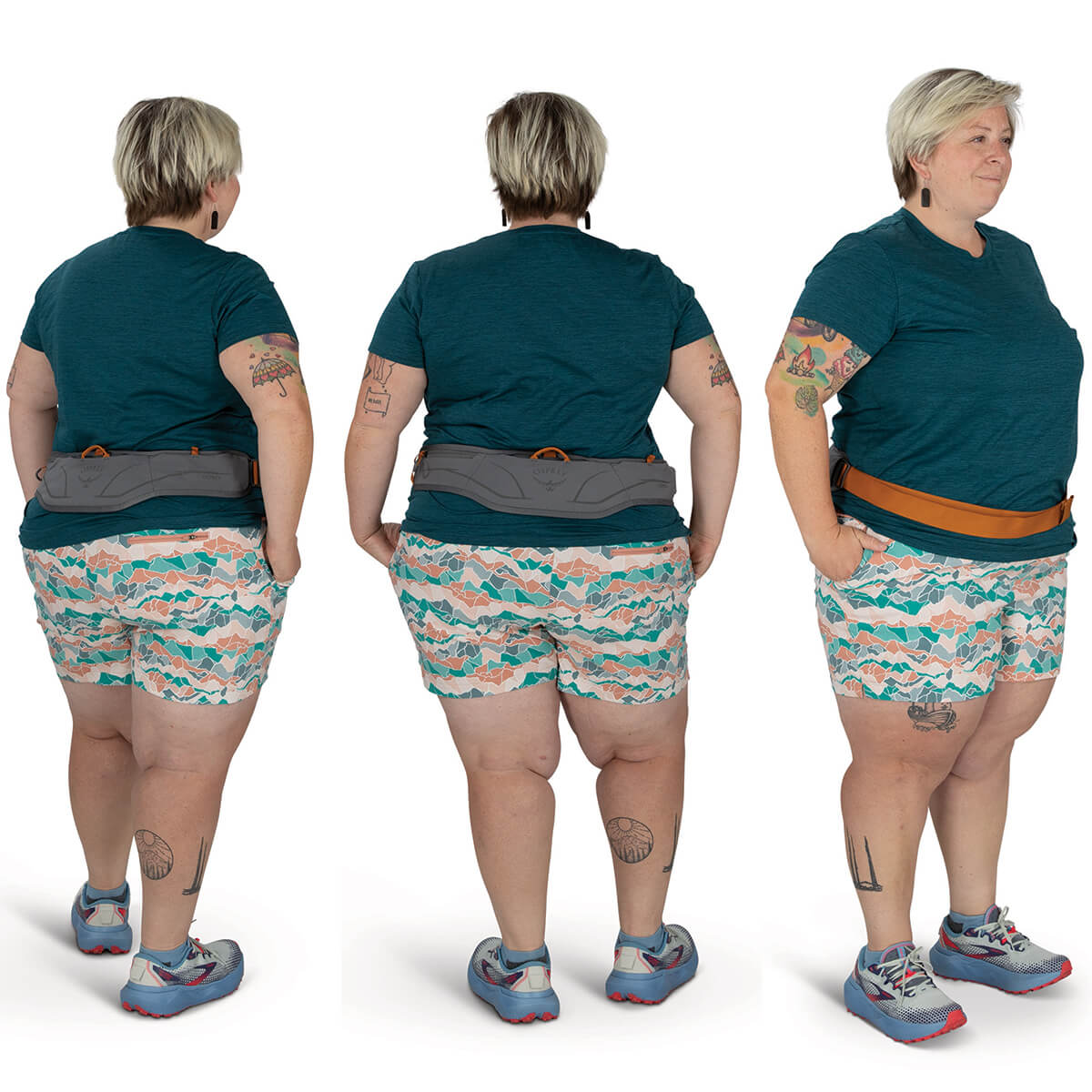 Phantom Grey/Toffee Orange on female model, various views