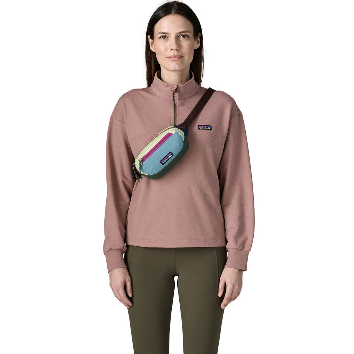 Patchwork/Snowmelt Blue worn at front crossbody style by female model