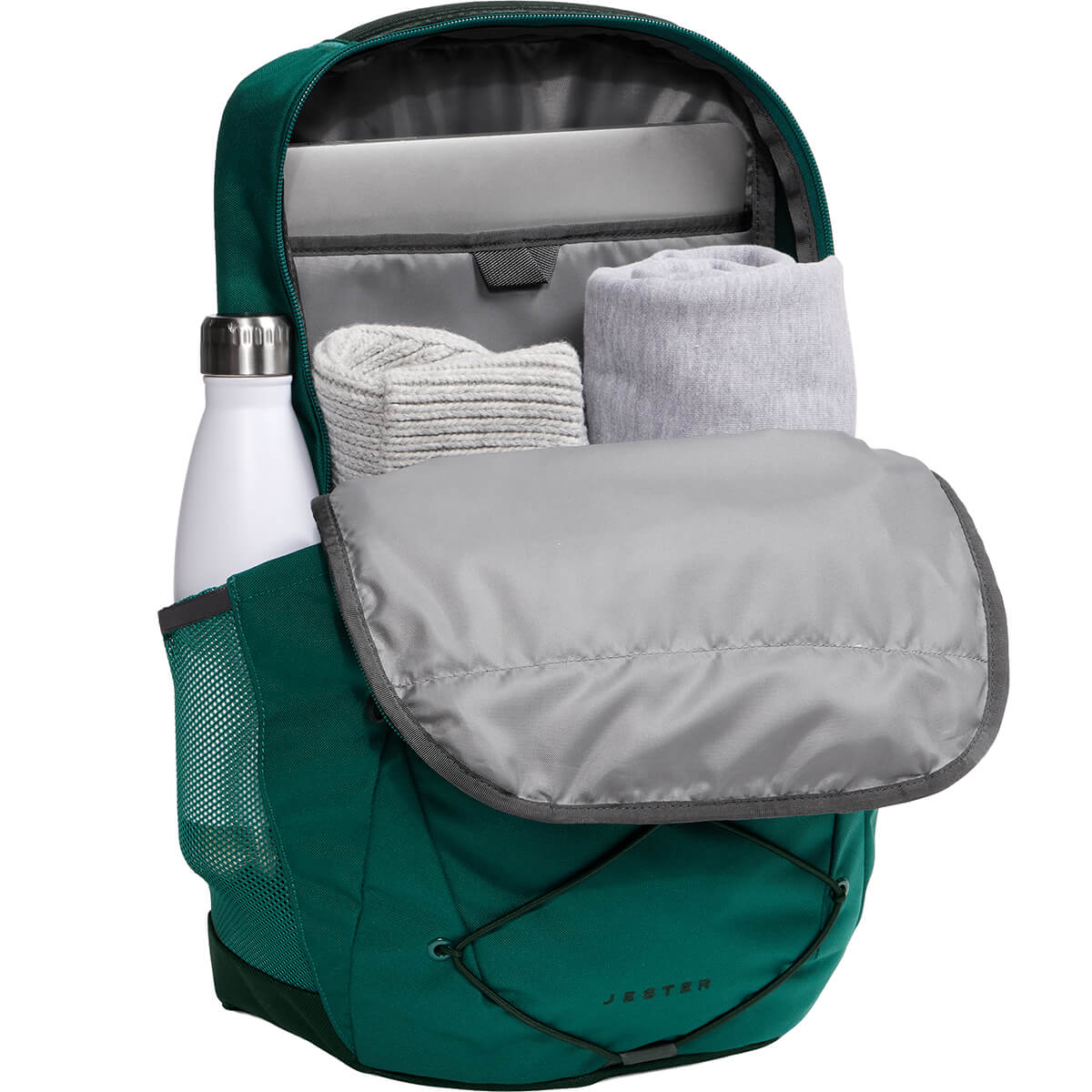 Pacific Teal/TNF Black, shown open and in use and with bottle in side pocket