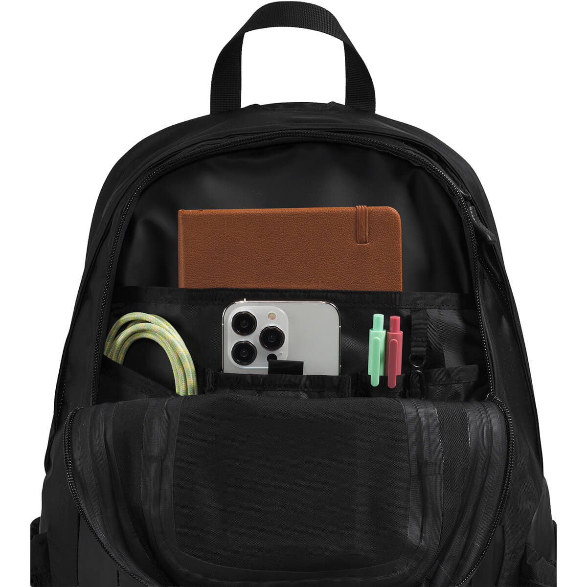 Black, front organisation pocket shown in use