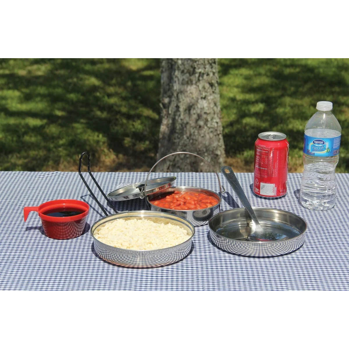 Set in use outdoors on a table with a checked table cloth