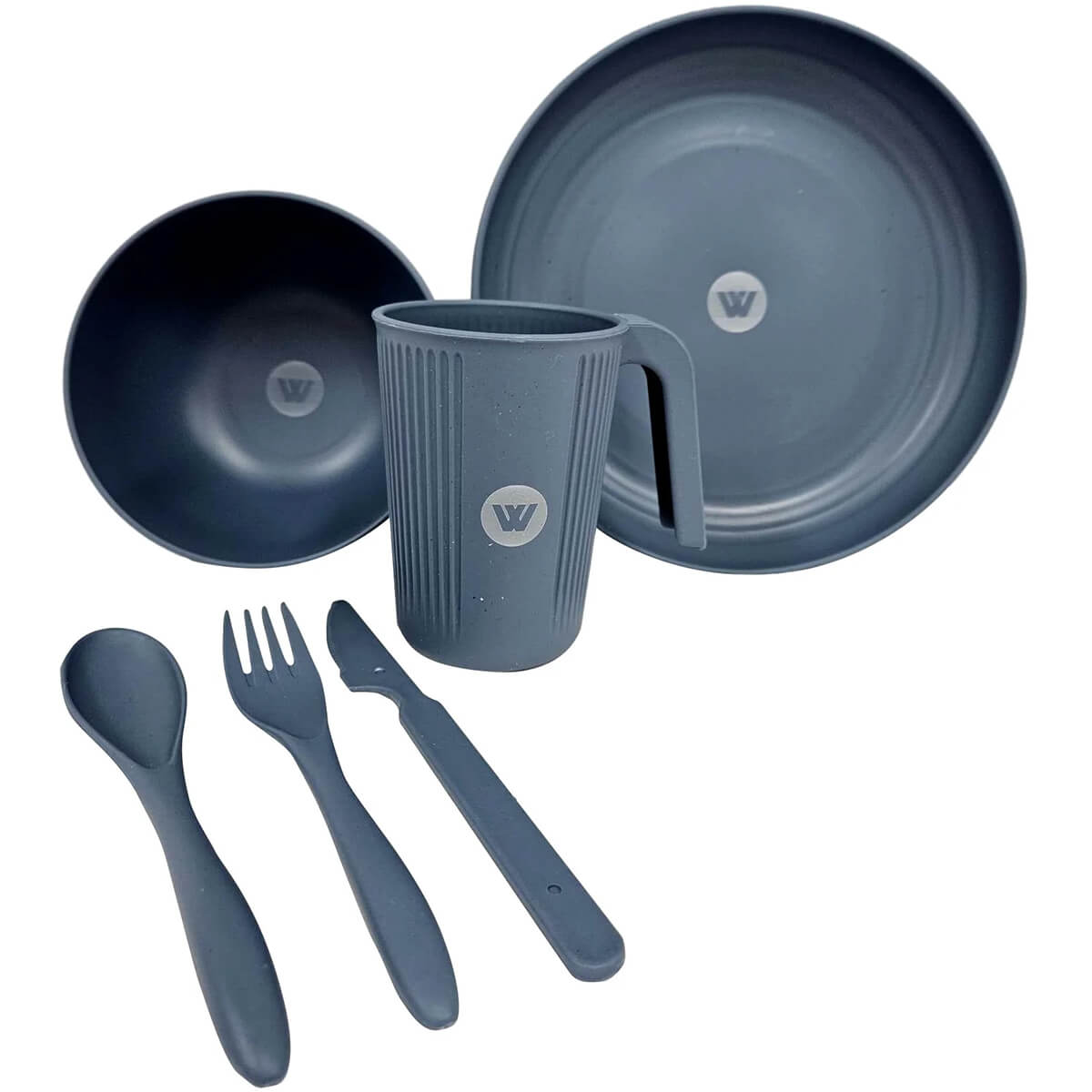 Top view of bowl and plate, side view of cup and 3/4 view of utensils in Blue